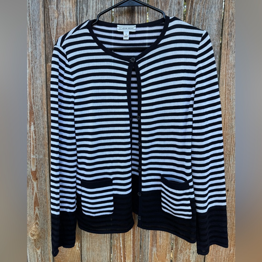 St. John Sport Striped Black and White Cardigan